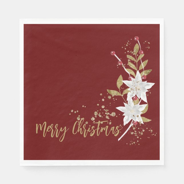 Guardanapo De Papel Elegante White Poinsettia Burgundy Glitter Dourado (Frente)