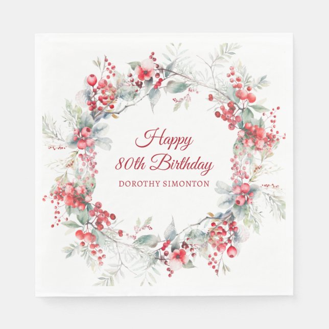 Guardanapo De Papel Elegante Winter Berry Botanic 80 Birthday (Frente)