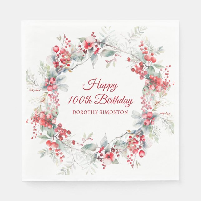Guardanapo De Papel Elegante Winter Berry Botanical 100th Birthday (Frente)