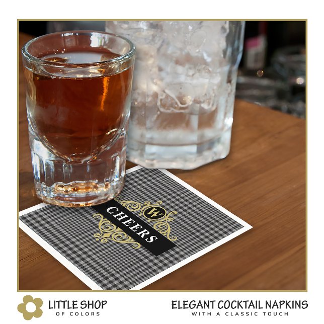 Guardanapo De Papel Elegante Xadrez Preto Dourado com Monograma (Criador carregado)