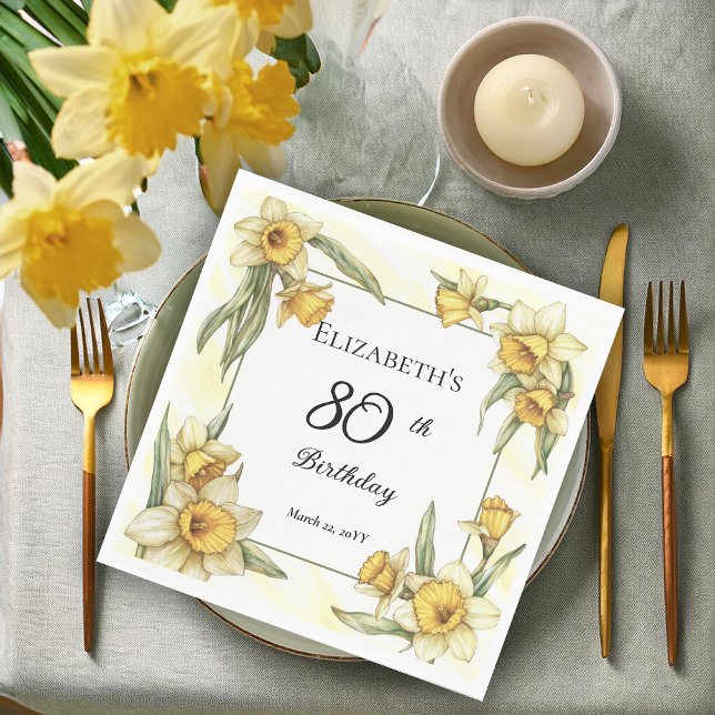 Guardanapo De Papel Elegante Yellow Daffodils Floral 80 Birthday (Elegant Yellow Daffodils Floral 80th Birthday Party Napkins)