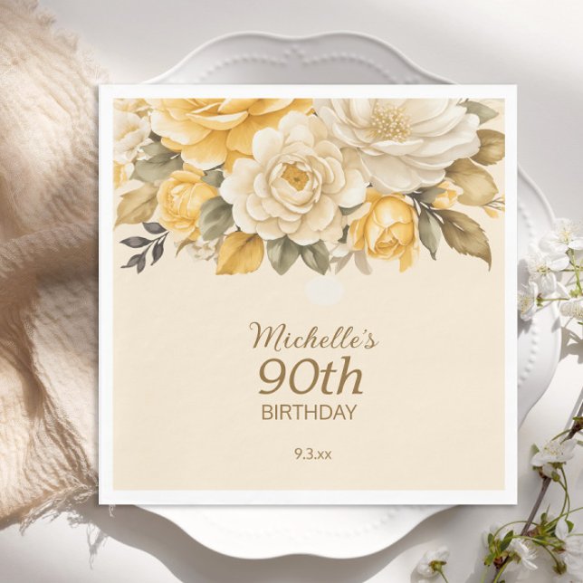 Guardanapo De Papel Elegante Yellow Ivory Cream Floral Surprise 90 (Yellow and cream floral 90th birthday paper plate)