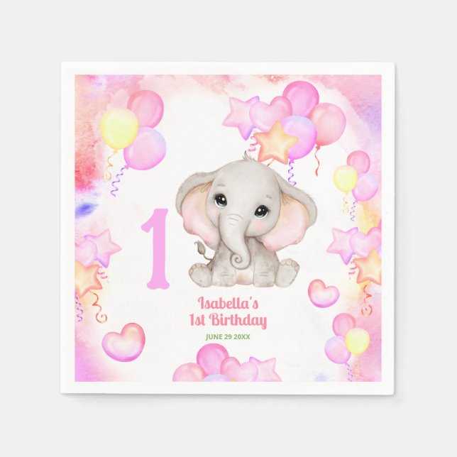 Guardanapo De Papel Elephant Summer Colorful Girl 1º Aniversário (Frente)
