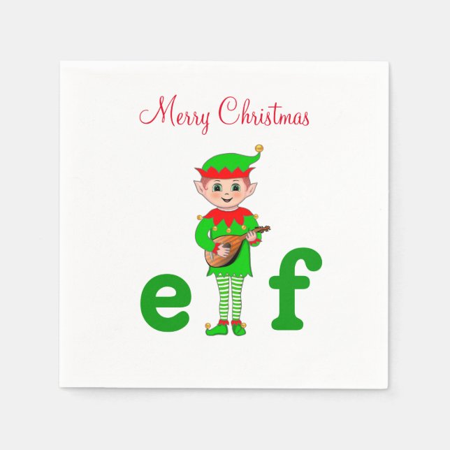 Guardanapo De Papel Elfo Musical de Natal Moderno em Branco (Frente)