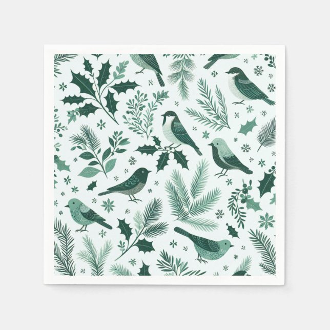 Guardanapo De Papel Emerald Green Birds e Boughs Holiday (Frente)