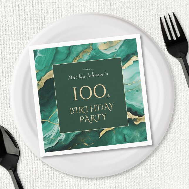 Guardanapo De Papel Emerald Green Dourado Agate 100ª Festa de aniversá (Emerald Green Gold Agate 100th Birthday Party Napkins)