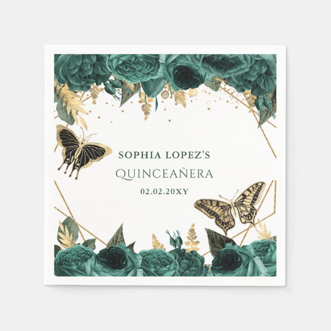 Guardanapo De Papel Emerald Green Dourado Floral Elegante Quinceanera (Frente)