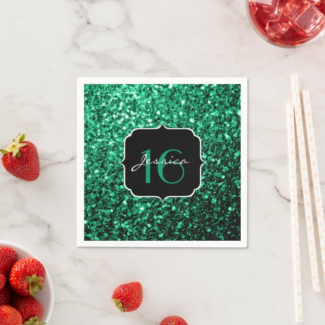 Guardanapo De Papel Emerald Green faux glitter sparkles Sweet 16 (Insitu)