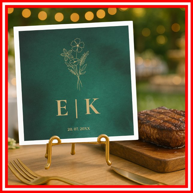Guardanapo De Papel Emerald Green & Gold Monogram Wildflower Wedding (Criador carregado)
