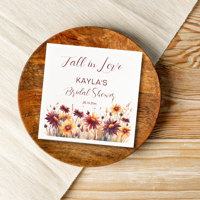 Guardanapo De Papel Enamore-se de dálias laranja burgundy no chá de no (Fall in love bridal shower tableware personalized napkins autumn blooms burgundy dahlia sunflowers)