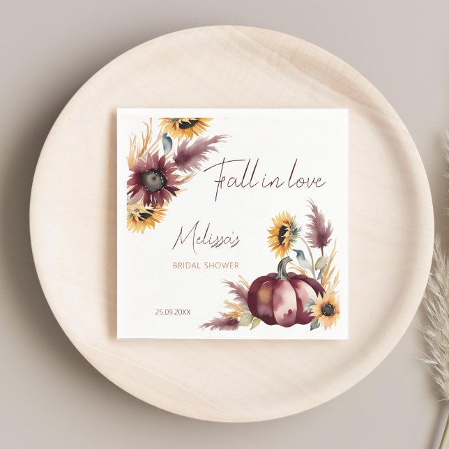Guardanapo De Papel Enlove-se noivado boho abóbora girassol (Fall in love boho pumpkin sunflowers autumn bridal shower personalized printed napkins template )