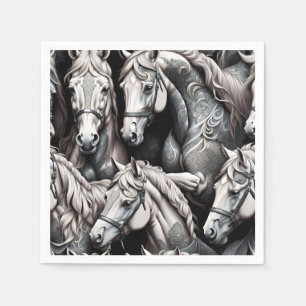 Guardanapo De Papel Equinos - Pintura Detalhada em Arte Preta e Branca