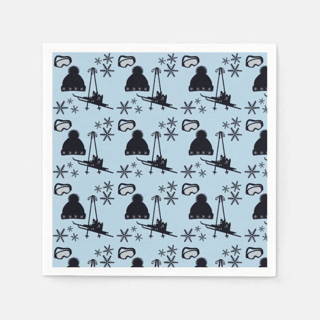 Guardanapo De Papel Equipamento de esqui preto e flocos de neve em azu (Frente)