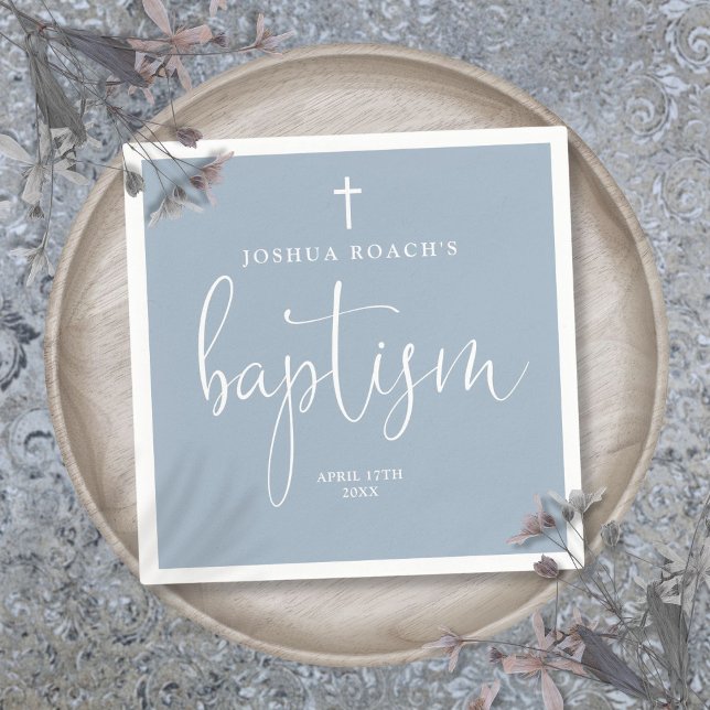 Guardanapo De Papel Escuro Elegante Moderno Dusty Baptismo Azul (Modern Elegant Script Dusty Blue Baptism Napkins)