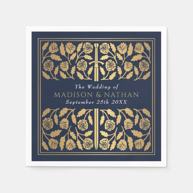 Guardanapo De Papel Espada Dourada Real Medieval Casamento Azul (Frente)