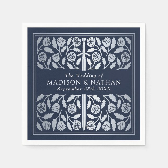 Guardanapo De Papel Espada Prateada Medieval Azul Real Casamento (Frente)