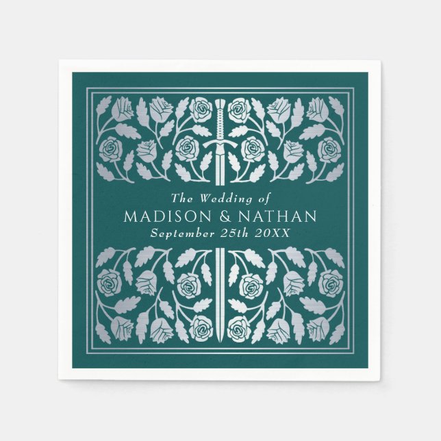 Guardanapo De Papel Espada Prateada Medieval Real Casamento Verde Água (Frente)