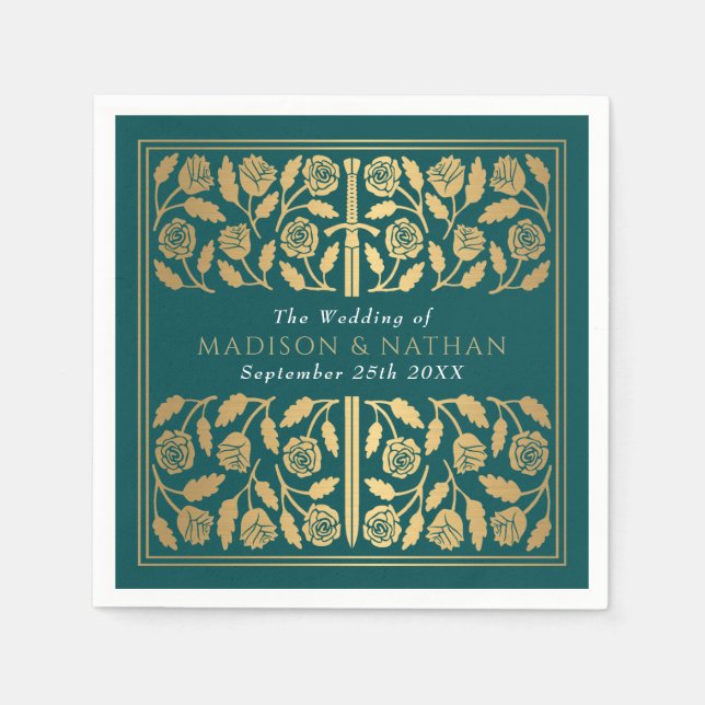 Guardanapo De Papel Espada Real Medieval Dourada Casamento Verde Água (Frente)
