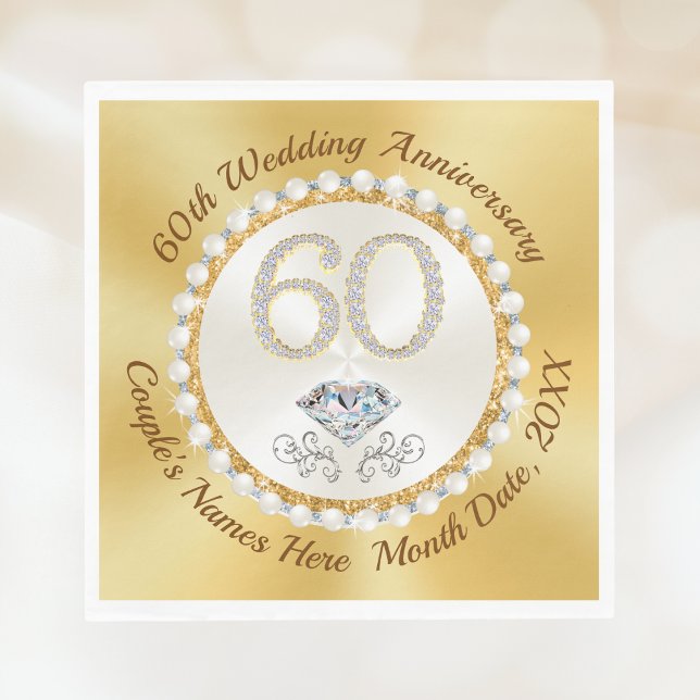 Guardanapo De Papel Espantoso Diamante, 60º Aniversário de Casamento N (60th wedding anniversary napkins. Diamond anniversary napkins. Transfer to paper plates and napkin)