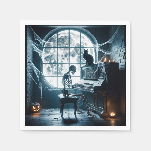 Guardanapo De Papel Esqueleto de Halloween Tocando um Piano (Frente)