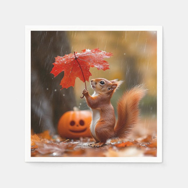 Guardanapo De Papel Esquilo Fofo com Guarda-Chuva de Folha - Chuva de  (Frente)