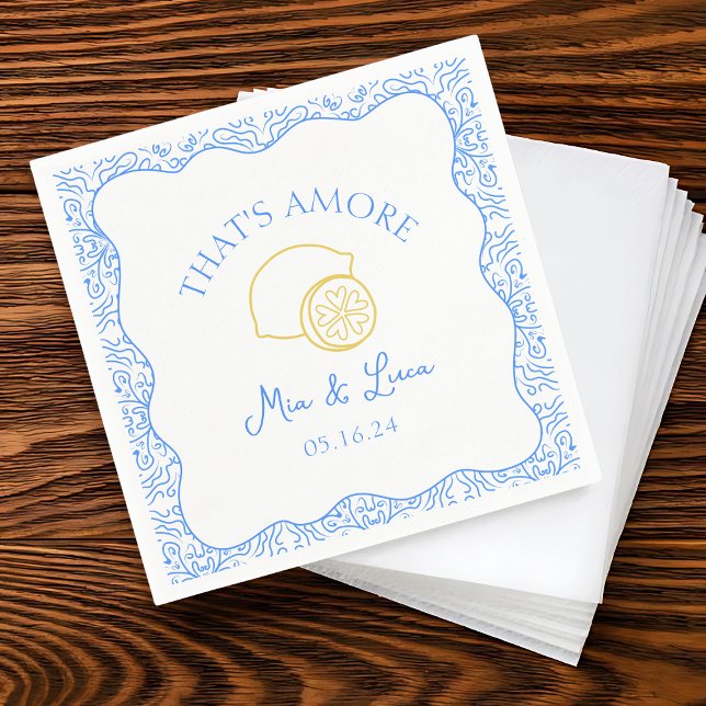Guardanapo De Papel Esse é o casamento Amore Lemon Blue Azulejos Amalf (Add a fun touch to your wedding with our 'That's Amore' lemon & blue tile personalized napkins,)
