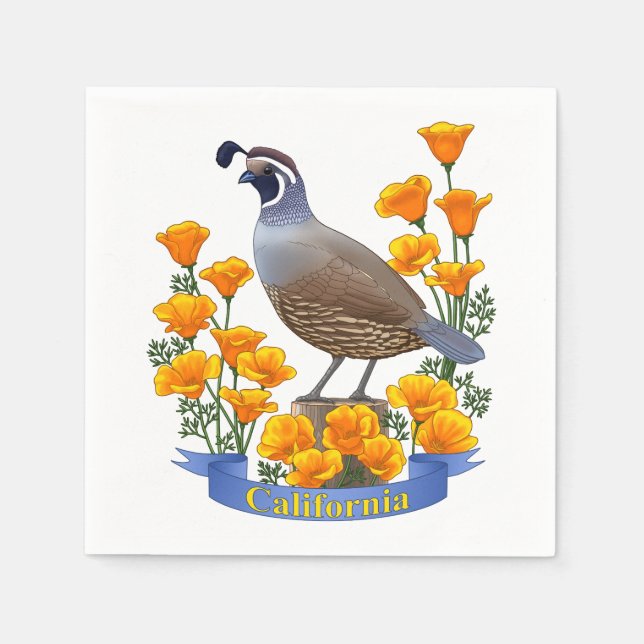 Guardanapo De Papel Estado da Califórnia - Pássaro Quail & Ouro Poppy (Frente)