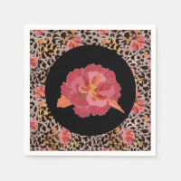 Estampa de Animal Leopardo e Flores Rosa em Preto