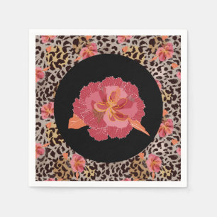 Guardanapo De Papel Estampa de Animal Leopardo e Flores Rosa em Preto
