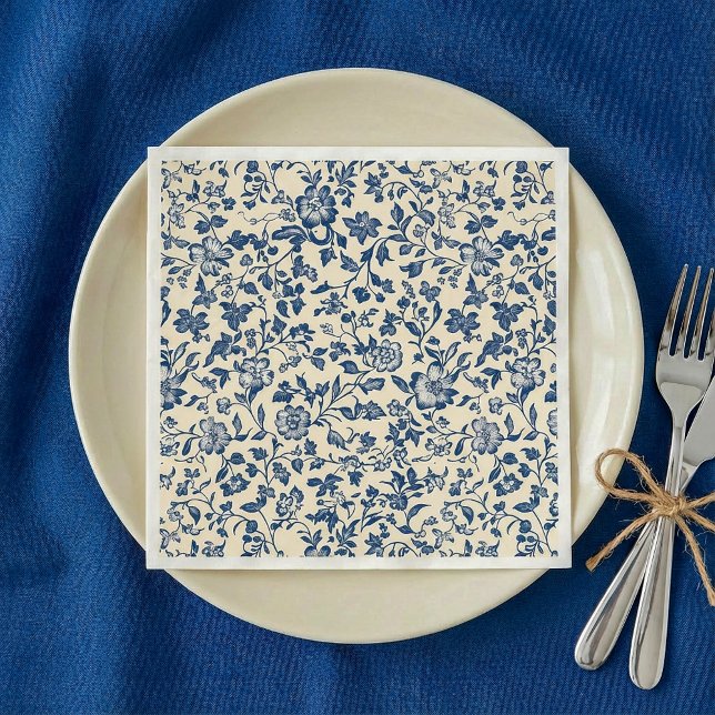 Guardanapo De Papel Estilo antigo, software Azul e creme Napkin Floral (Old-Style Delftware Blue and creame Floral Napkin.)