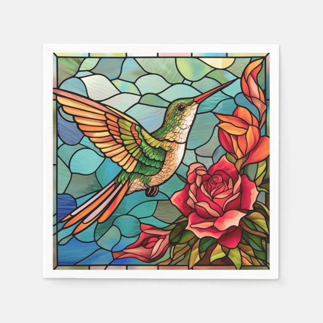 Guardanapo De Papel Estilo de Vidro Obtido por rosas e Hummingbird (Frente)