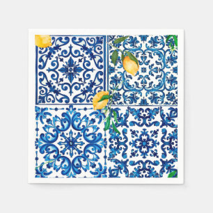 Guardanapo De Papel estilo italiano,Mediterrâneo,mosaico,azul,limão