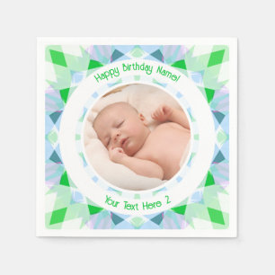 Guardanapo De Papel Estrela Azul de Aniversário Verde com Nome de Foto