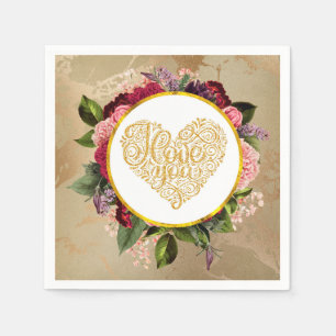 Guardanapo De Papel Eu te amo Rico Ouro coração com Florais