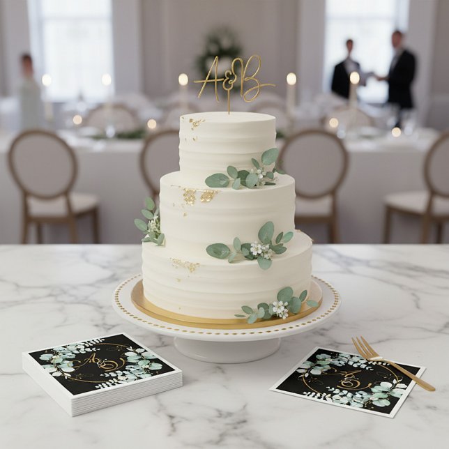 Guardanapo De Papel Eucalipto e ouro no casamento personalizado negro (Criador carregado)