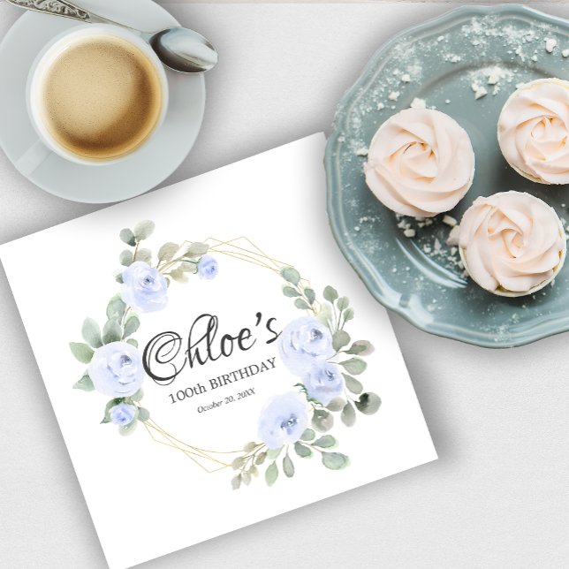 Guardanapo De Papel Eucalyptus Blue Rosa Floral 100th Festa de anivers (Criador carregado)