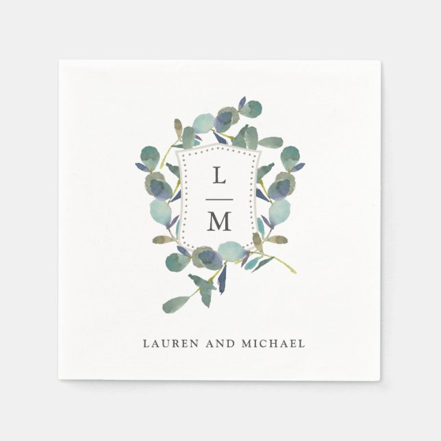 Guardanapo De Papel Eucalyptus Crest | Monograma Casamento por Aquarel (Frente)