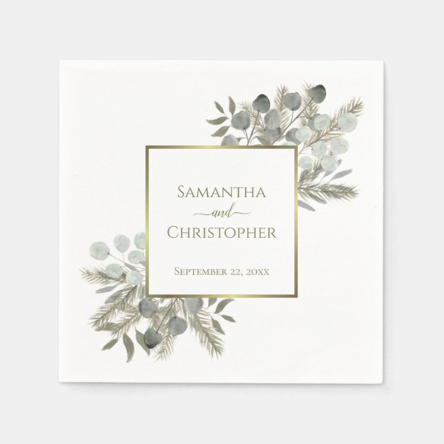 Guardanapo De Papel Eucalyptus e Pine Dourado e Sage Weding Elegante (Frente)