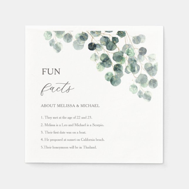 Guardanapo De Papel Eucalyptus Greenery Gold Fun Facts Wedding  (Frente)