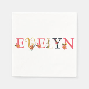 Guardanapo De Papel EVELYN: Nome Arte Com Flores Bordadas