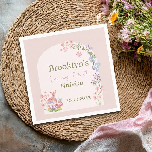 Guardanapo De Papel Fada Primeiro Aniversário Whimsroom Floral (Fairy First Birthday Whimsical Mushroom Floral Napkins)