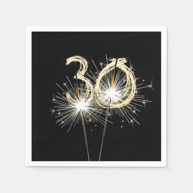 Guardanapo De Papel Faíscas de aniversário de 30 anos em Preto (Frente)