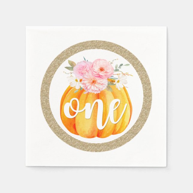 Guardanapo De Papel Fall Floral Pumpkin Baby Girl's primeiro aniversar (Frente)