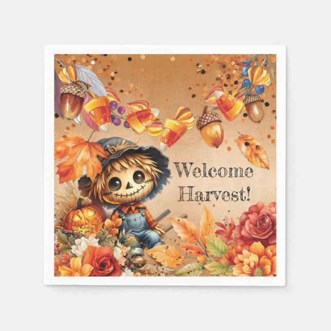 Guardanapo De Papel Fall Harvest Scarecrow Pumpkin Party Napkin (Frente)