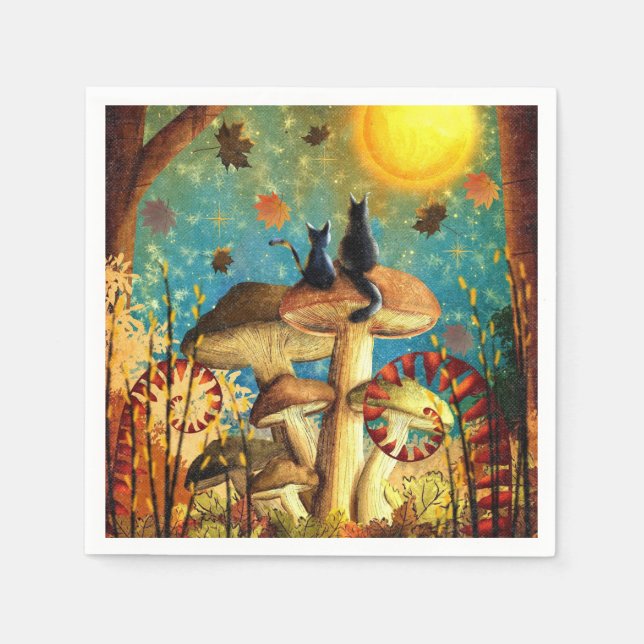 Guardanapo De Papel Fall Lovers Cats Forest Mushrooms Stars Night Sky  (Frente)