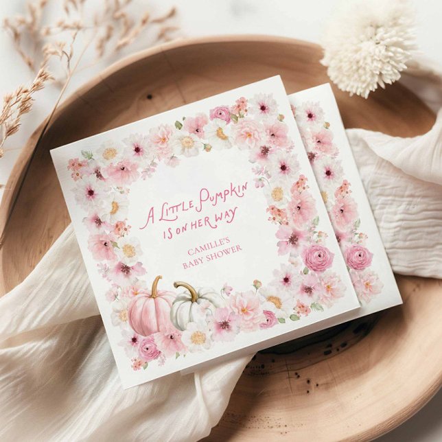 Guardanapo De Papel Fall Pink Pumpkin Girl Baby Shower (A little Pumpkin is on her way Girl Baby Shower Napkins)