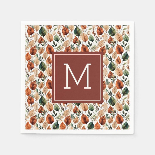 Guardanapo De Papel Fall terra cotta e sage folhas padrão monograma (Frente)
