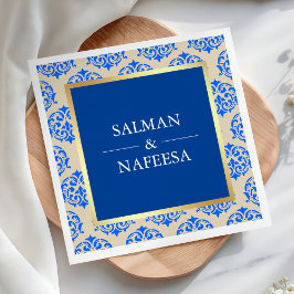 Guardanapo De Papel Falso Casamento em Damasco Azul com Folha de Ouro