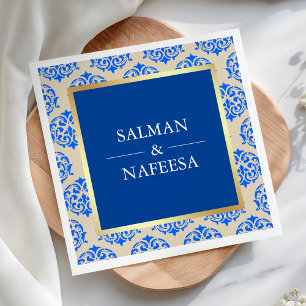Guardanapo De Papel Falso Casamento em Damasco Azul com Folha de Ouro
