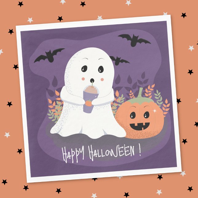 Guardanapo De Papel Fantasma Bonito Com Especiaria De Pumpkin Frio Lat (Cute ghost with cold pumpkin latte Halloween paper napkin .)